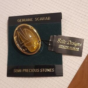 Vintage Belle Designs Genuine Tigers Eye Stone Genuine Scarab Pin Brooch New